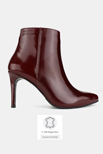 TUNAELLİ Women's Burgundy Patent Leather Genuine Natural Leather Size 35-40 Thin Heel Pointed Toe Boots & Booties