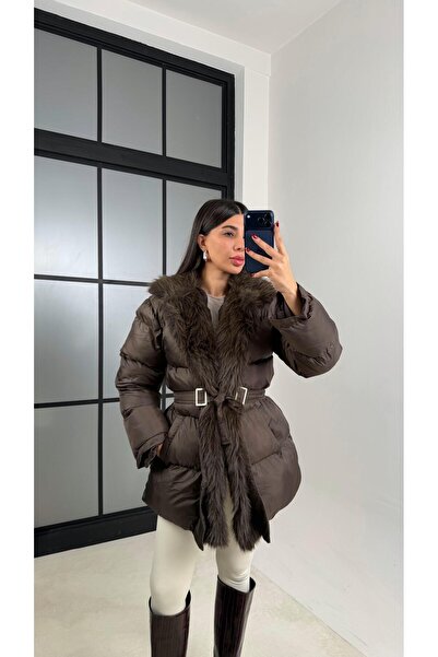 Gaus Brown Collar Fur Detailed Belted Puffer Coat Gaus-00563