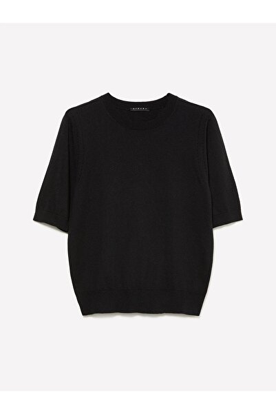 Sisley Cotton and Wool Blend Ribbed Collar Short Sleeve Sweater Women's Black Sweater - 325A1Sbxm106L