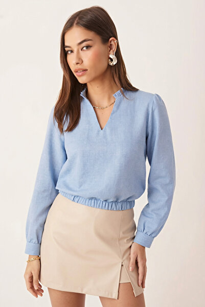 armonika Bluză pentru femei, albastru bebeluș, cu decolteu în V, cu detaliu pliat, cu talie elastică, cu manșete ARM-26K001020