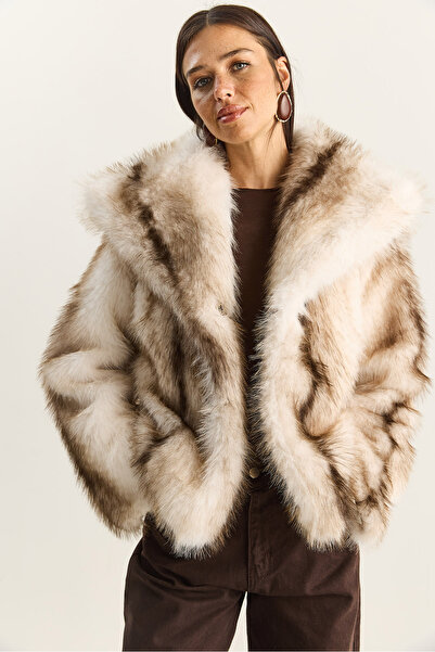 Bianco Lucci Women's Patterned Wide Collar Lined Faux Fur Coat 2850 60281125