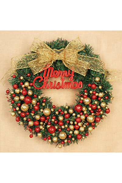 NO BRAND Christmas wreath decoration, wicker wreath door hanger, 30cm, gold-red