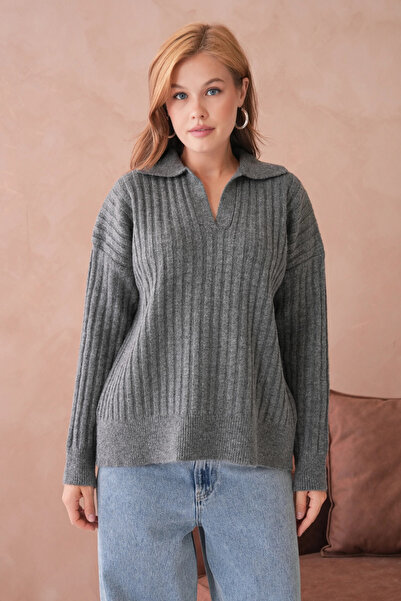 Park Karon Women's Polo Neck Half Placket Ribbed Knit Oversized Knitwear Sweater