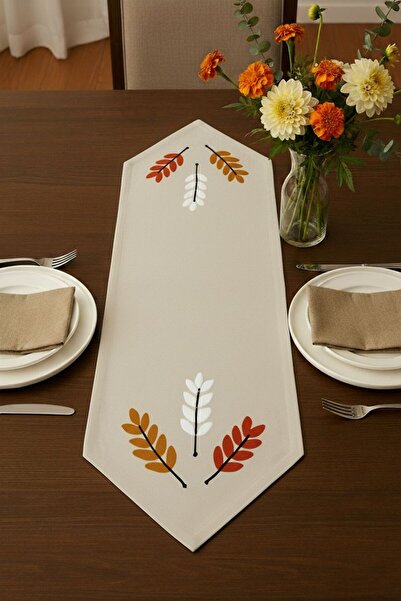 Bonny Home Velga Keten Nakış İşlemeli Üçgen Bitişli Yıkanabilir Mutfak Salon Sehpa Yemek Masa Örtüsü Runner