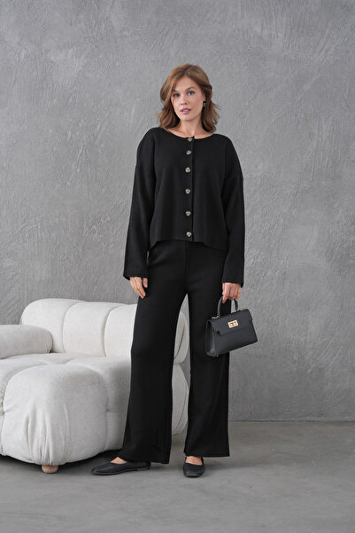 Park Karon Women's Crew Neck Button Closure Ribbed Knit Jacket Pants Two-Piece Knitwear Set