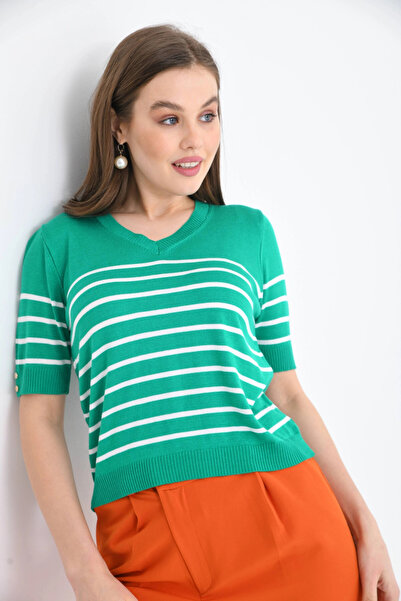 Park Karon Women's V-Neck Striped Short Sleeve Knitwear Sweater