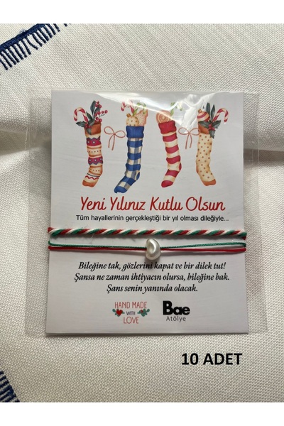 BAE ATOLYE 10 ADET Yeniyıl Hediyesi İnci Kırmızı- yeşil Ip Yılbaşı Şans Bilek...