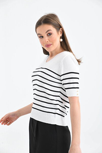 Park Karon Women's V-Neck Striped Short Sleeve Knitwear Sweater