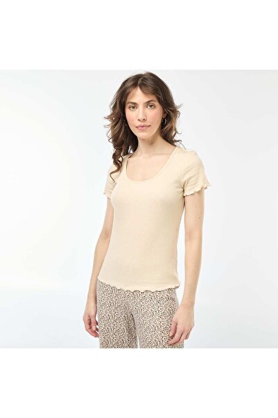 KİABİ Short-sleeved ribbed knit plain T-shirt WHITE