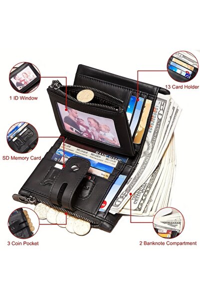 Generic Men's Genuine Top-Grain Leather Wallet with Chain, RFID Blocking, Double Zipper Coin Pocket