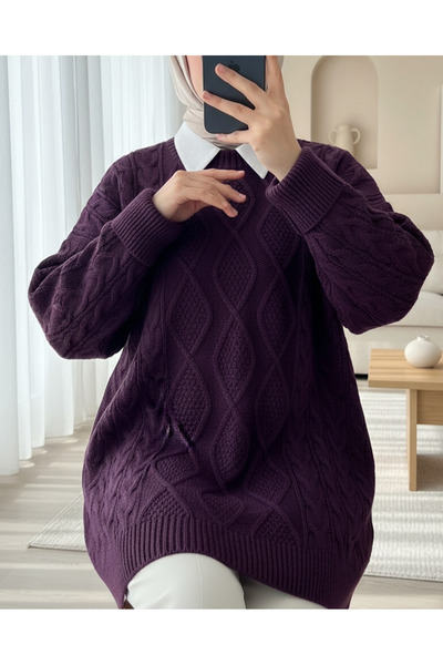 Modamorfo Honeycomb Pattern Winter Casual Knitwear Sweater -Purple