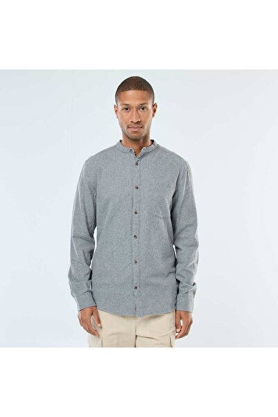 KİABİ Plain Flannel Shirt with a Mandarin Collar GREY