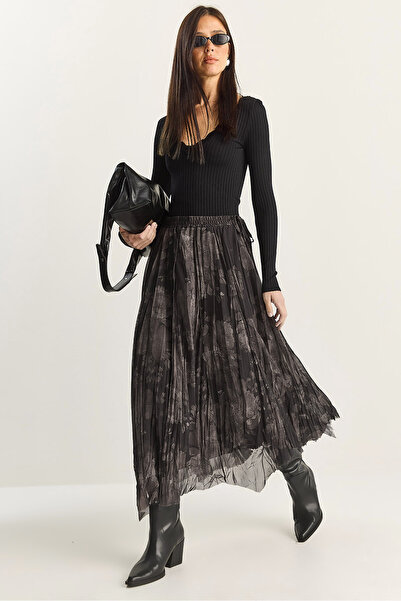 Bianco Lucci Women's Wrinkled Effect Patterned Elastic Waist Lined Chiffon Skirt De251115 60283851