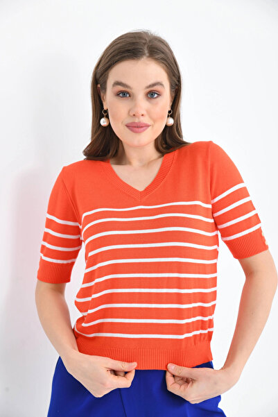 Park Karon Women's V-Neck Striped Short Sleeve Knitwear Sweater