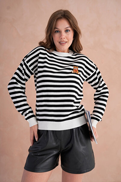 Park Karon Women's Crew Neck Embroidery Detail Striped Knitwear Sweater