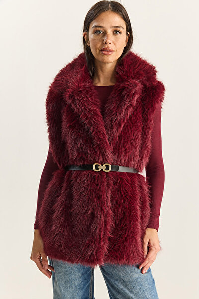 Bianco Lucci Women's Jacket Collar Lined Belted Fur Vest 11155 60281116