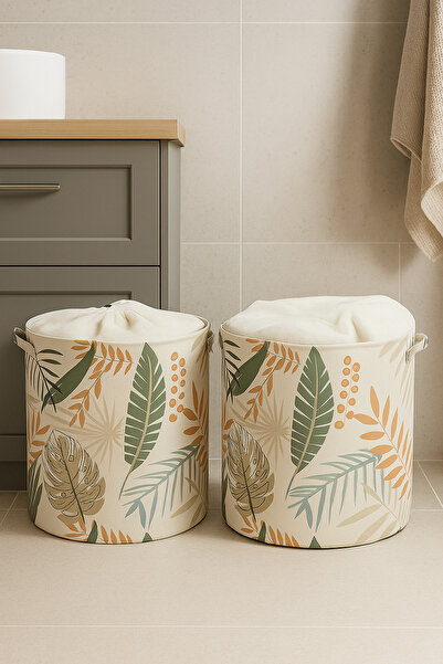 HomyJRs 2-Piece Leaf Patterned Drawstring Multi-Purpose Toy and Laundry Basket 37 X 40