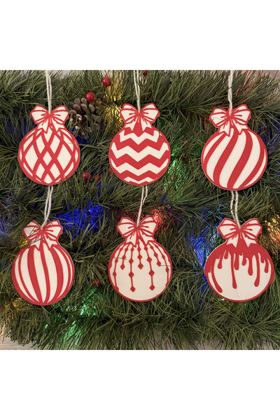 DECORADI Set of 6 Christmas tree ornaments, White/Red, diameter 9 cm, Christmas Gift, 3D Printed