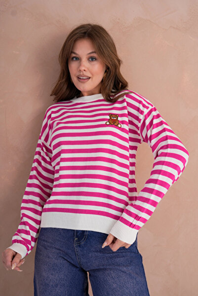 Park Karon Women's Crew Neck Embroidery Detail Striped Knitwear Sweater