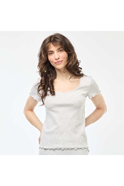 KİABİ Plain Ribbed Knit Short-Sleeve T-shirt GREY