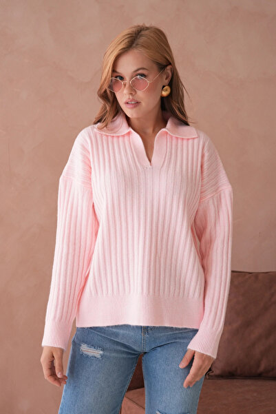 Park Karon Women's Polo Neck Half Placket Ribbed Knit Oversized Knitwear Sweater