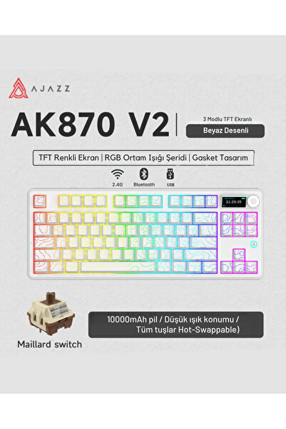 Coverzone Ajazz AK870 V2 Kablosuz 87 Tuş Mekanik Klavye 10000mAh RGB Bluetooth 2.4G Type-C Destekli