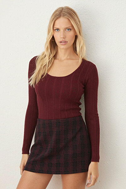 armonika Women's Burgundy V-Neck Fitted Long Sleeve Blouse Arm-26K001058