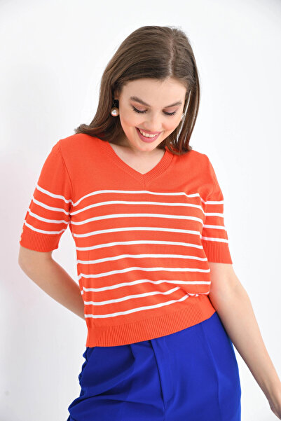 Park Karon Women's V-Neck Striped Short Sleeve Knitwear Sweater