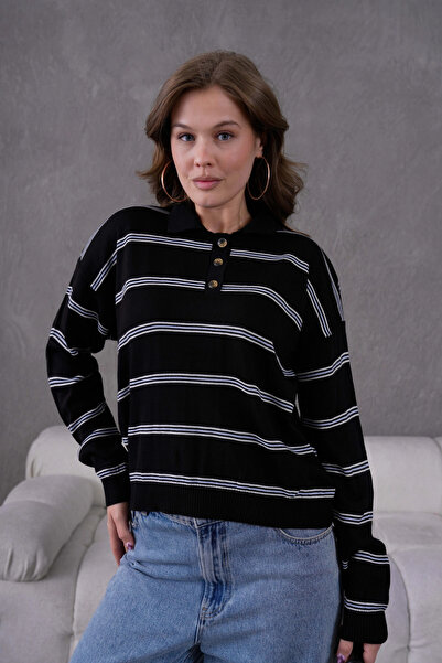Park Karon Women's Polo Neck Half Placket Button Closure Striped Knit Sweater
