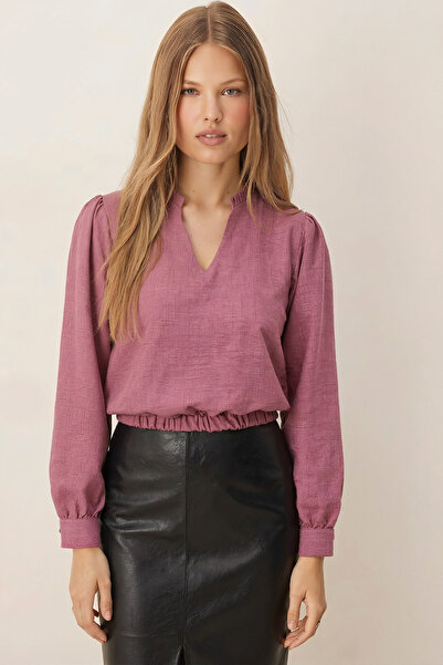 armonika Γυναικεία μπλούζα Dusty Rose με λαιμόκοψη σε σχήμα V με λεπτομέρεια πλισέ, ελαστική μέση και μανσέτες ARM-26K001020