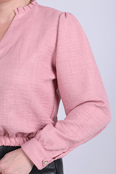 armonika Γυναικεία ροζ μπλούζα με λαιμόκοψη σε σχήμα V με λεπτομέρεια πλισέ και ελαστική μέση με μανσέτες ARM-26K001020