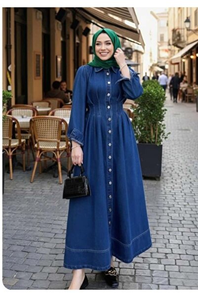 Hb Harma Time Butik Women's Gathered Waist Buttoned Dark Denim Blue Dress