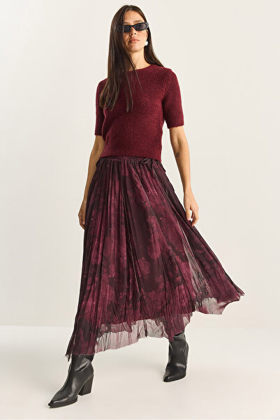 Bianco Lucci Women's Wrinkled Effect Patterned Elastic Waist Lined Chiffon Skirt De251115 60283851