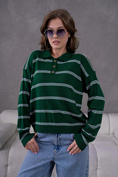 Park Karon Women's Polo Neck Half Placket Button Closure Striped Knit Sweater