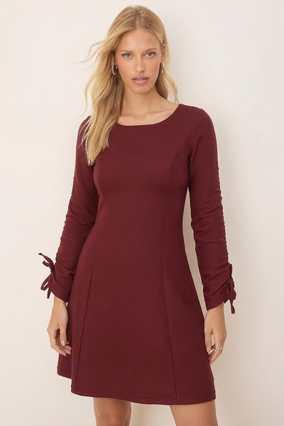 armonika Kadın Bordo Sıfır Yaka Kolları Büzgülü Kulplu Uzun Kol Elbise ARM-26K001033