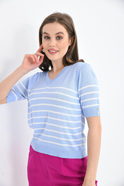 Park Karon Women's V-Neck Striped Short Sleeve Knitwear Sweater