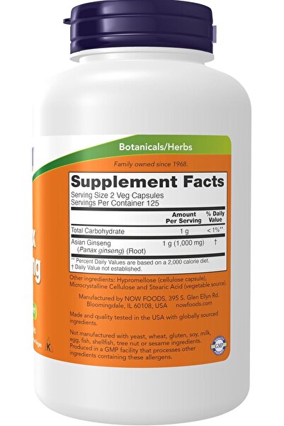 Now Panax Ginseng Dietary Supplement Capsules, 1 g, 250 Capsules
