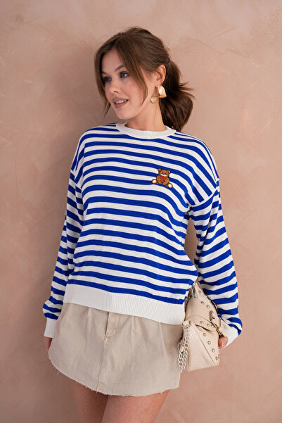 Park Karon Women's Crew Neck Embroidery Detail Striped Knitwear Sweater