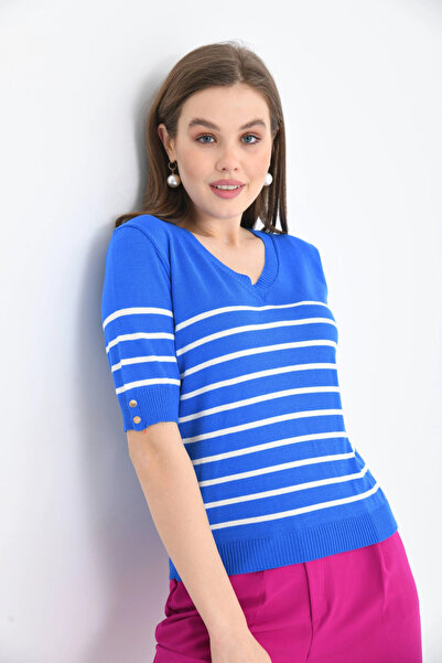 Park Karon Women's V-Neck Striped Short Sleeve Knitwear Sweater