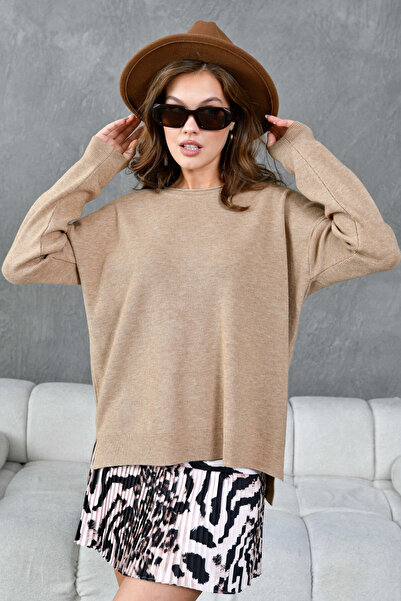 Park Karon Women's Crew Neck Slit Oversized Knitwear Sweater