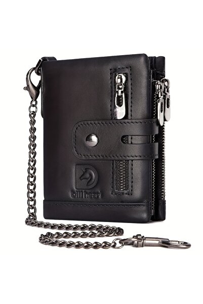 Generic Men's Genuine Top-Grain Leather Wallet with Chain, RFID Blocking, Double Zipper Coin Pocket