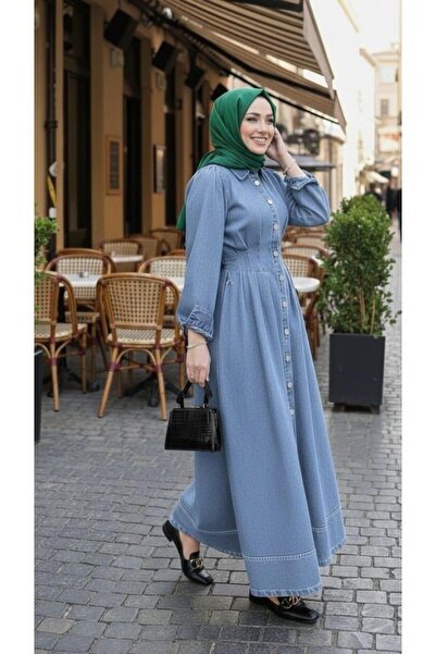 Hb Harma Time Butik Women's Gathered Waist Buttoned Denim Blue Dress