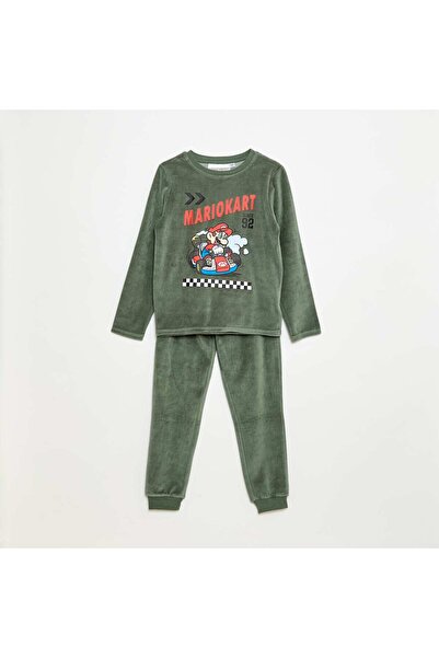 KİABİ طقم بيجامة ماريو كارت مخملي - تي شيرت بأكمام طويلة وبنطلون - قطعتان بال...
