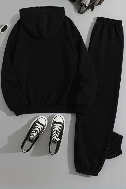 Sweetline Unisex Wanted Printed Hooded Black Tracksuit Set - Winter Fleece-Lined Fabric