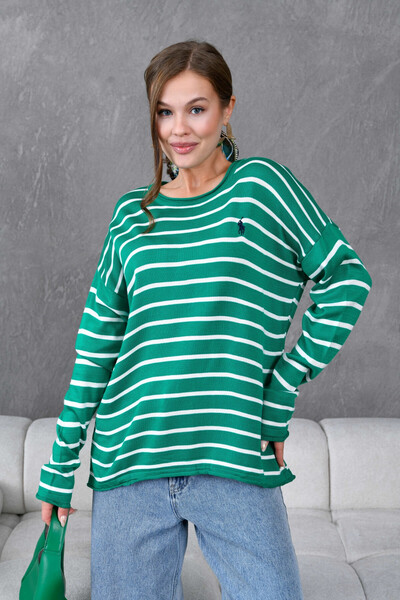 Park Karon Women's Crew Neck Striped Embroidery Detail Oversized Knitwear Sweater