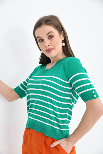 Park Karon Women's V-Neck Striped Short Sleeve Knitwear Sweater