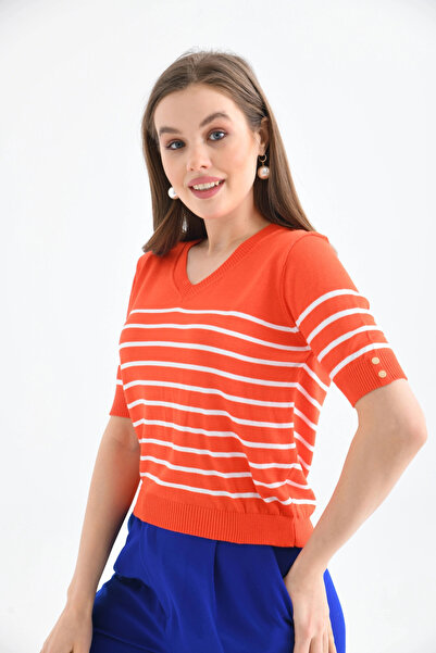 Park Karon Women's V-Neck Striped Short Sleeve Knitwear Sweater