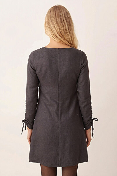 armonika Women's Smoked Crew Neck Gathered Sleeves Long Sleeve Dress with Handles Arm-26K001033