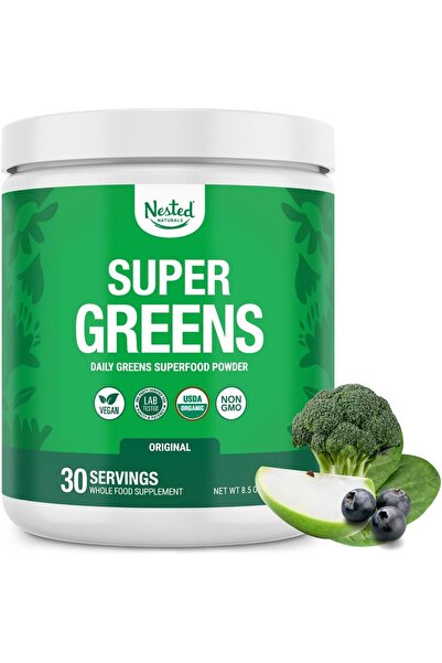 Nested Naturals مسحوق سوبر جرينز سوبر فود، عضوي 100%، 30 حصة (سبيرولينا، عشبة القمح والشعير) مع البروبي