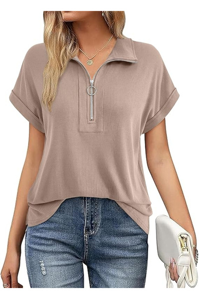 OEM Women's loose summer T-shirt, 1/4 zipper, cream 2XL